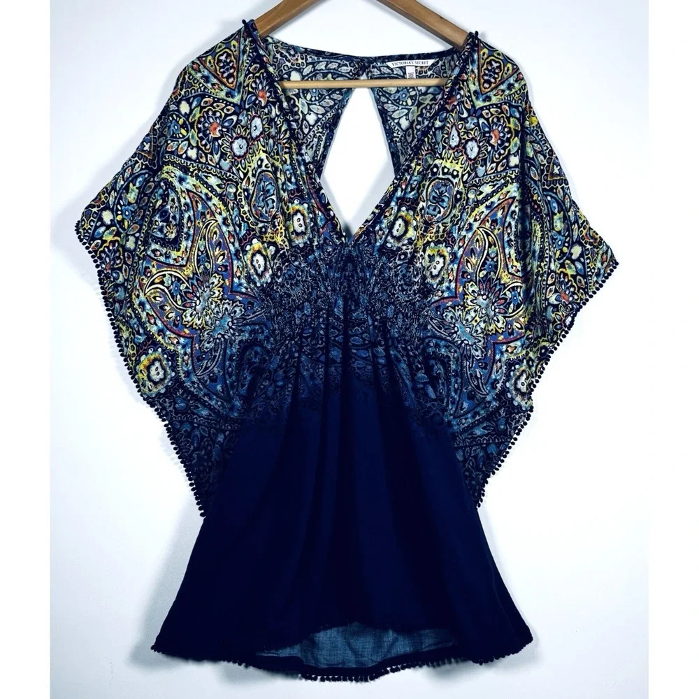 Victoria‎ Secret Paisley Boho Tunic Top Womens Small Blue Ruched  Blouse